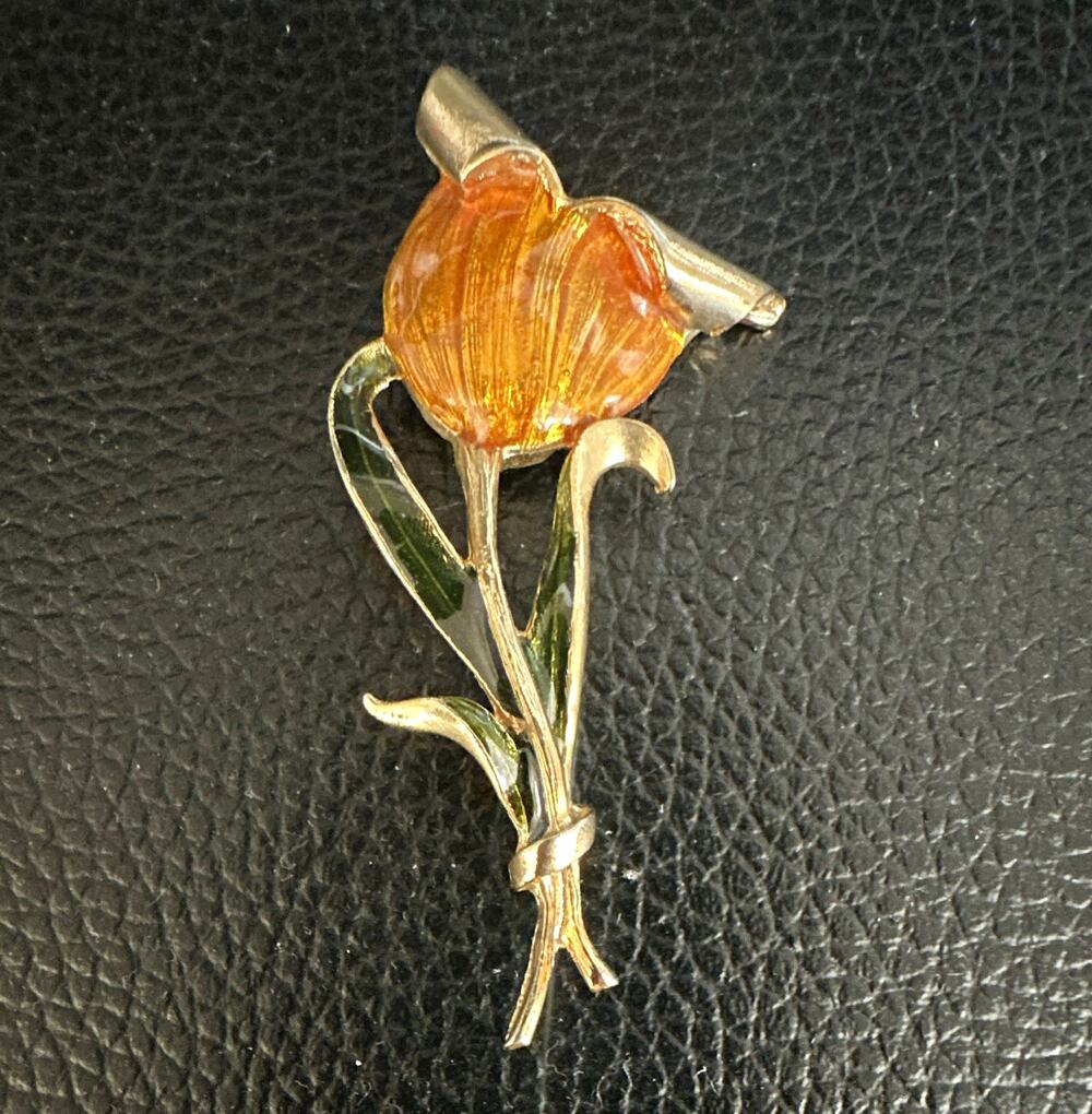 Vintage Gold Tone Flower Brooch Pin Orange & Green Enamel Tulip Design Metal